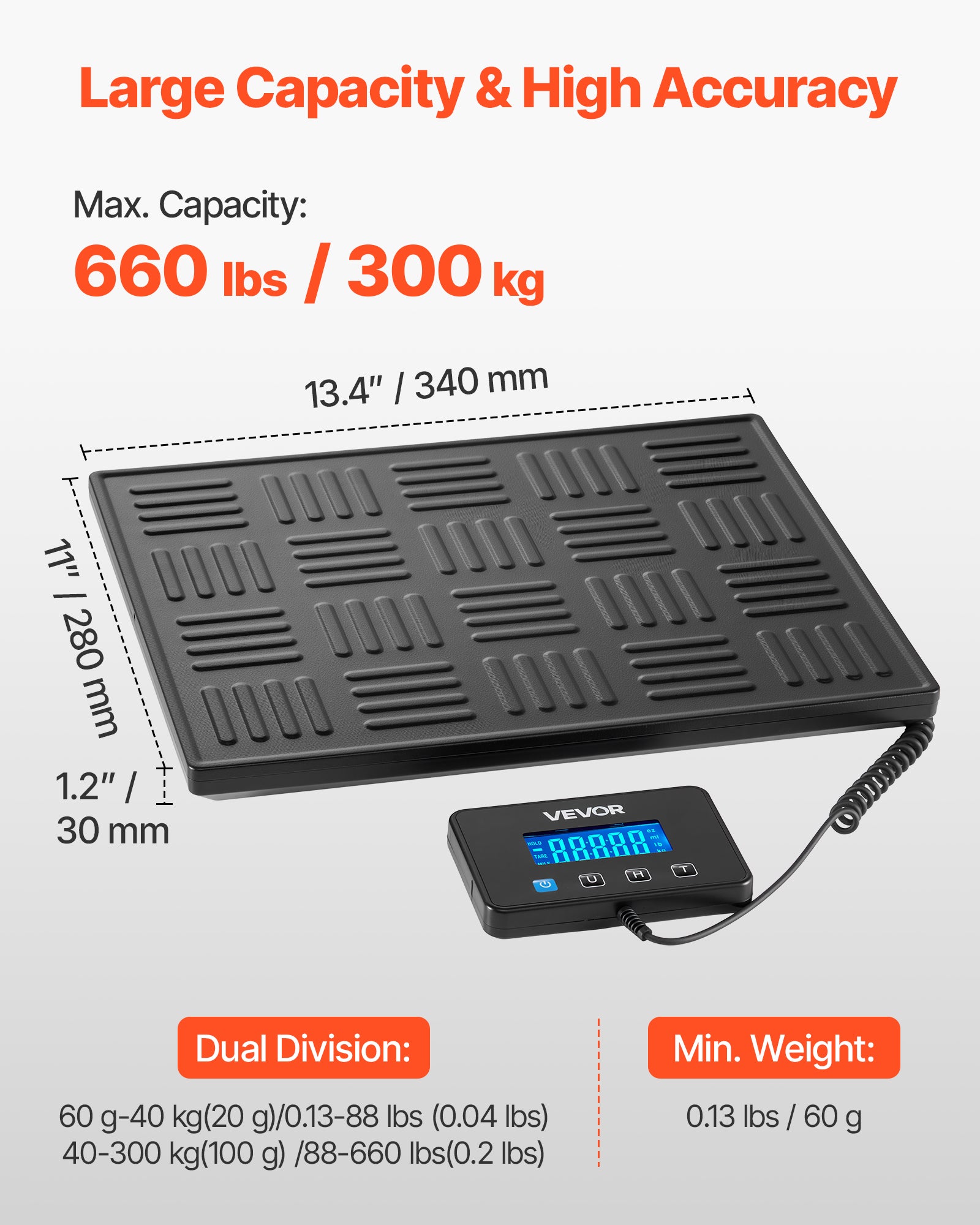 Balance Postale Numérique VEVOR 300 kg Double Précision 60 g–40 kg (20 g) / 40–300 kg (100 g) avec Tare, Maintien, Écran LCD pour Colis, Bagages - 2