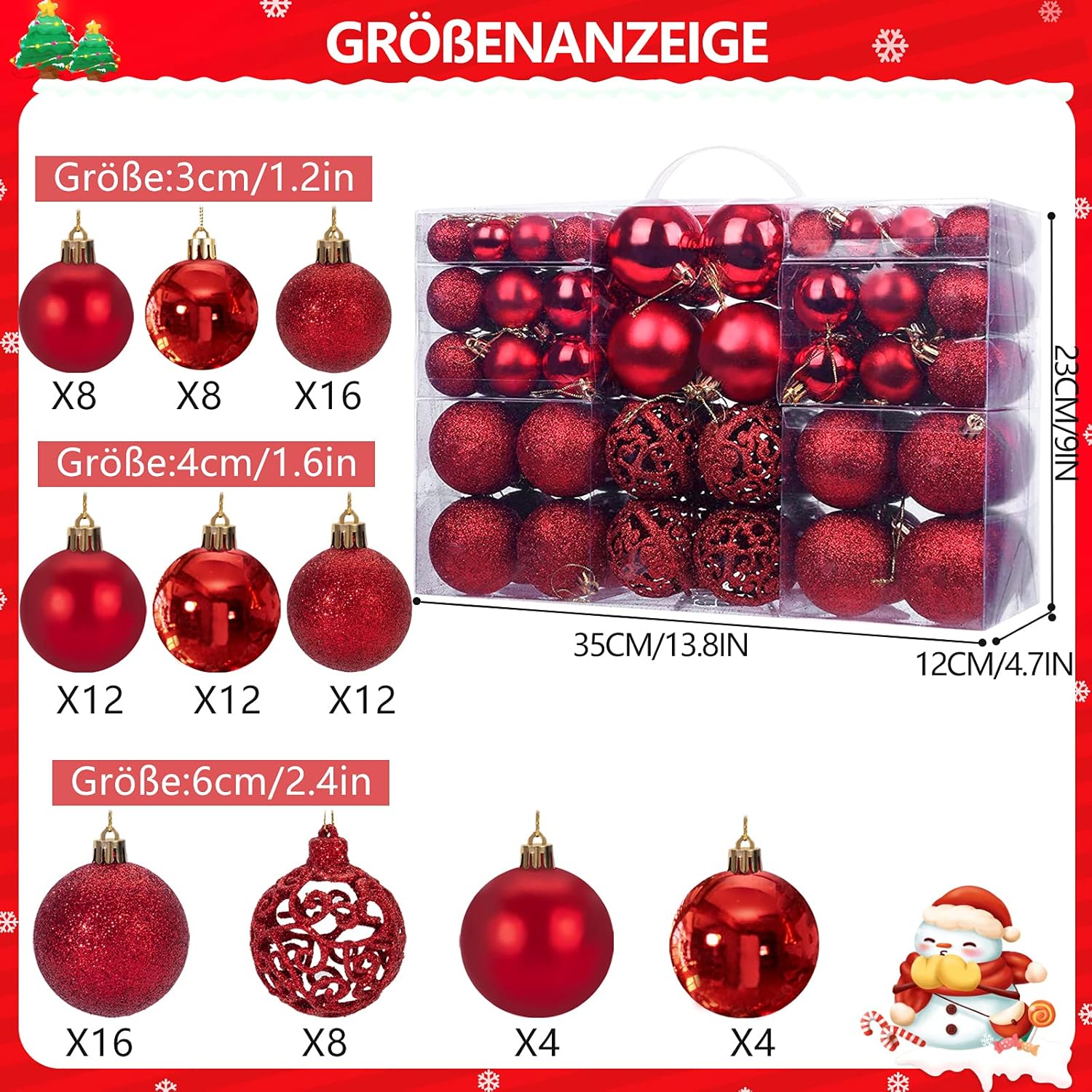 Palline Di Natale Rosse Ilauke 100 Pezzi - Decorazioni Per Albero In Plastica, Diametri 3/4/6 Cm, Con Cordino E Scatola Di Riporo - 2