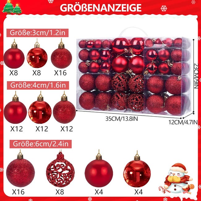 Palline Di Natale Rosse 100 Pezzi - Opache, Lucide E Glitterate, 2 Misure, Infrangibili