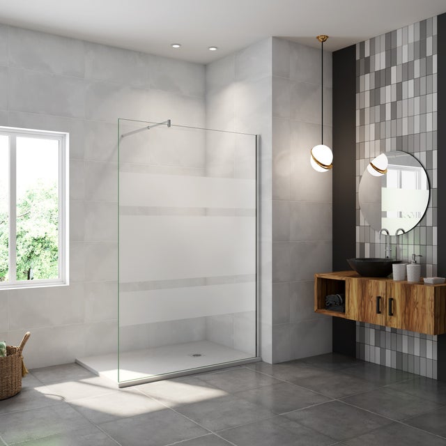 Paroi de douche à l'italienne 100x190cm en 6mm verre avec bandes horizontales sérigraphiées, livré avec barre de fixation 70-120cm en cylindrique