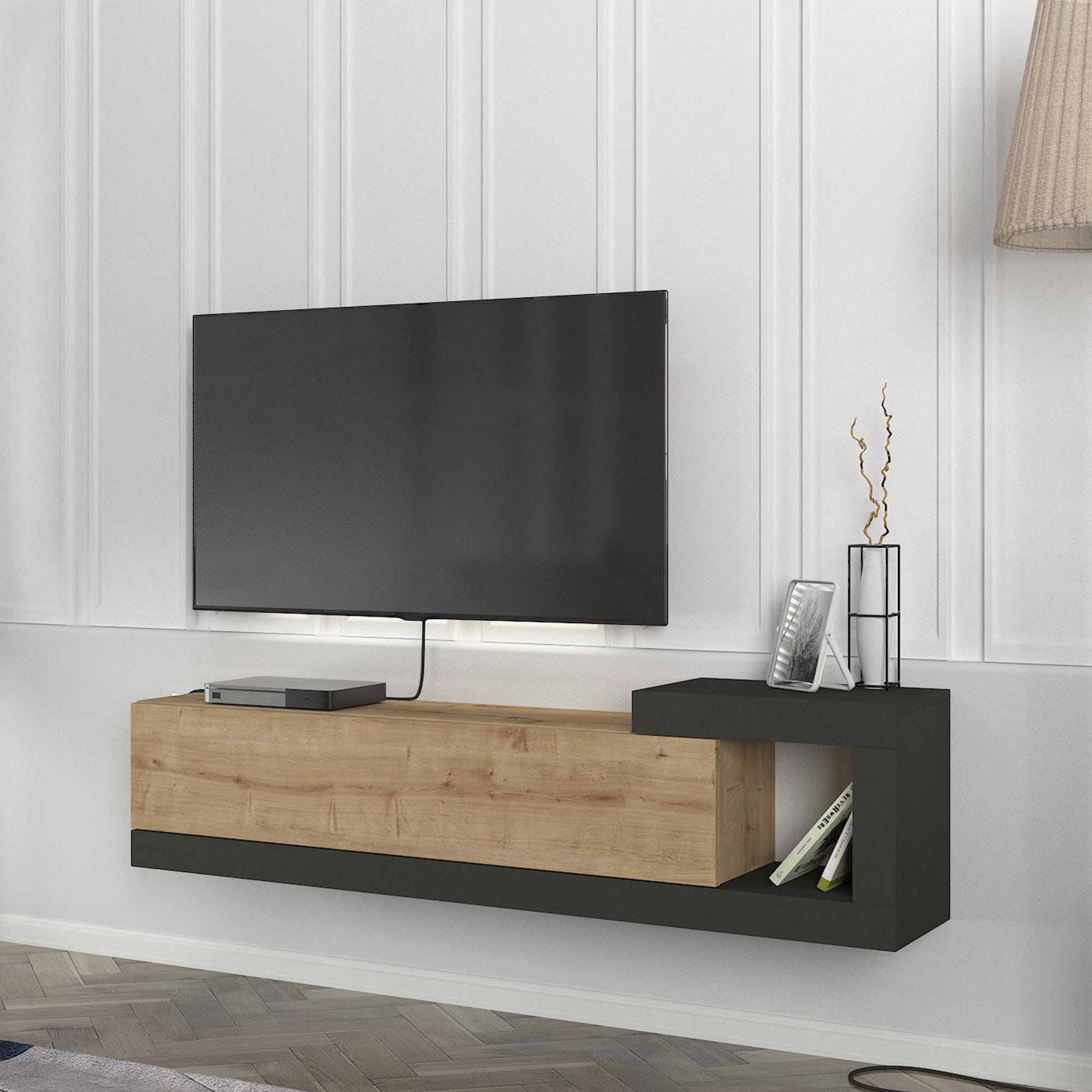Mobile TV Soggiorno Skraut - 240x45x35 Cm, Sospeso, Stile Moderno Rovere E Nero - Foto 6
