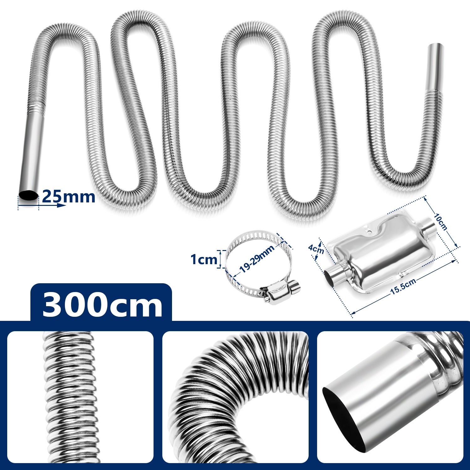 Tubo Di Scarico Del Riscaldatore Per Auto Da 150 Cm Con 2 Fascette In Acciaio Inossidabile 89669766