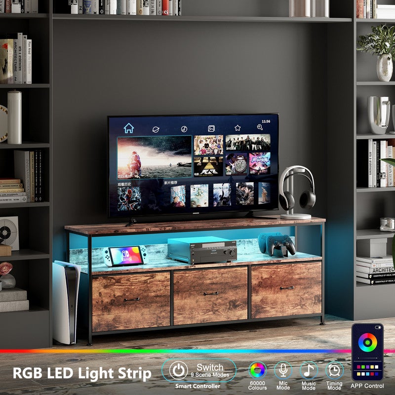 Meuble TV 108x30x57cm, avec bande lumineuse LED et 3 tiroirs en tissu rétro, pieds réglables en hauteur, structure en fer, meuble tele - 6
