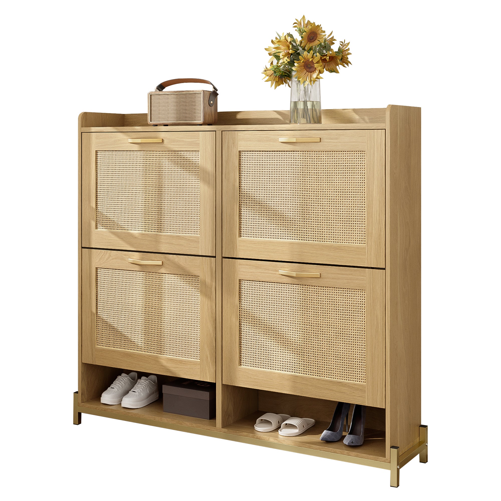 Elegante zapatero de madera con puertas de ratán: 4 puertas, estructura metálica y estante superior para un almacenamiento elegante y organizado.