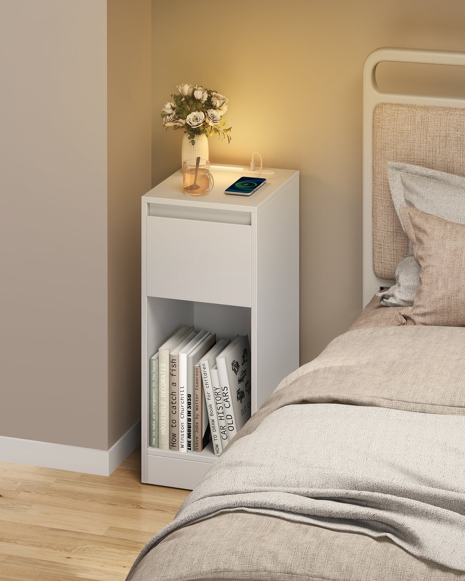 Mesita de Noche Estrecha, Mesa Auxiliar con Iluminación LED, USB-A, USB-C, Cajón, Compartimento, Blanco - 2