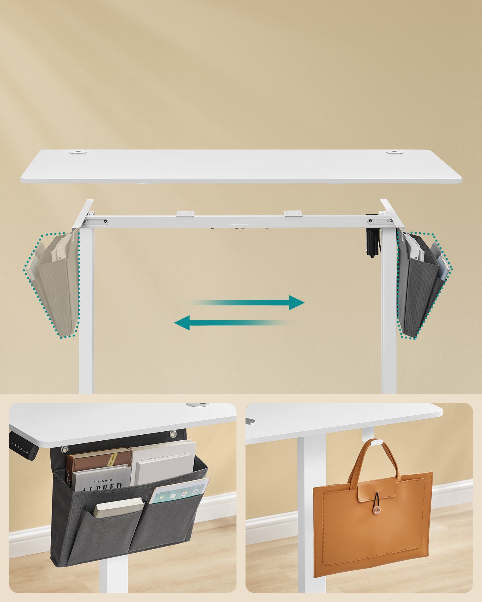 Bureau Électrique Assis-Debout, Bureau Réglable en Hauteur, 60 x 140 x (72-120) cm, 4 Hauteurs Mémorisables, Pochette de Rangement, Blanc Nuage - 4