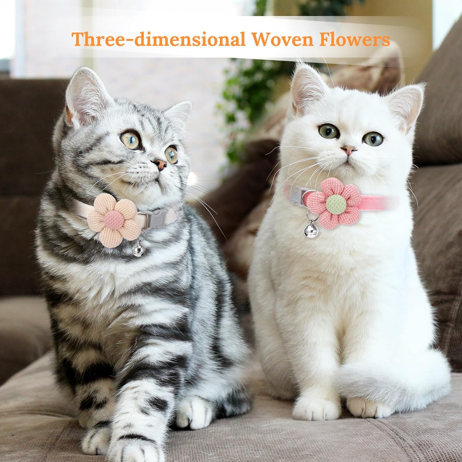 Coleira para gatos com sino, estampa floral para animais de pequeno porte, coleira para gatos, cachorros e coelhos (rosa, bege) - 4