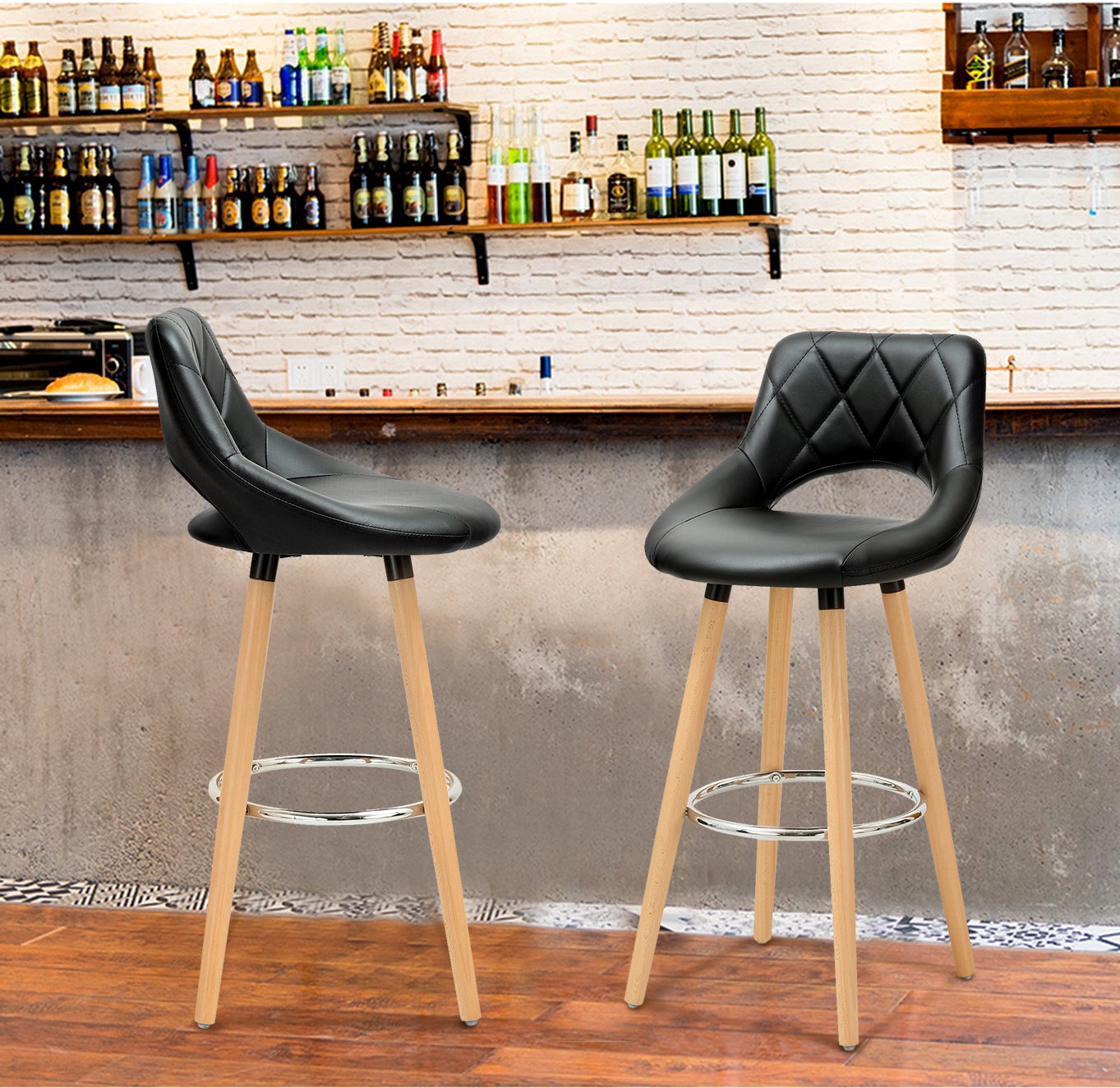 WOLTU Lot de 2 Tabouret de bar avec dossier et repose-pieds. Fait de similicuir et bois massif.Siège bien rembourré. 43x43x91cm.Noir - 2