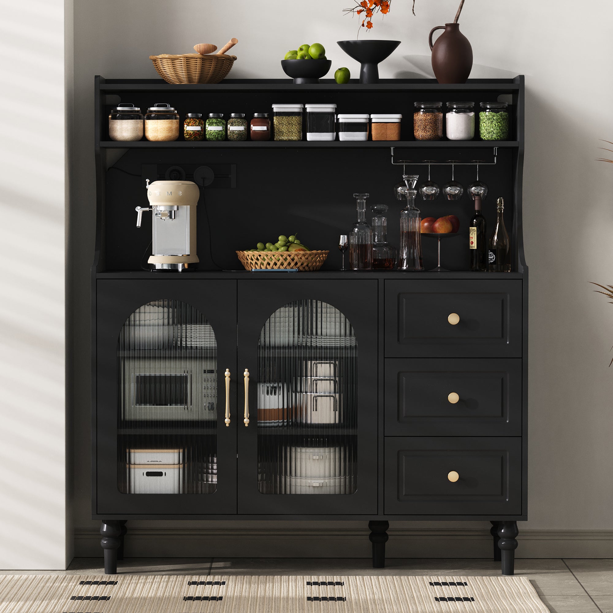 Kredens kuchenny z 2 szklanymi drzwiami, 3 szufladami i portem ładowania - 120 x 40 x 184 cm - Płyta MDF i płyta wiórowa - Regulowane półki - Czarny