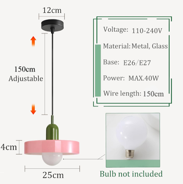 Lampe à suspension du milieu du siècle, plafonnier coloré avec abat-jour en verre, luminaire suspendu vintage en fer et verre,Chambre ou Café (Rose) - 5