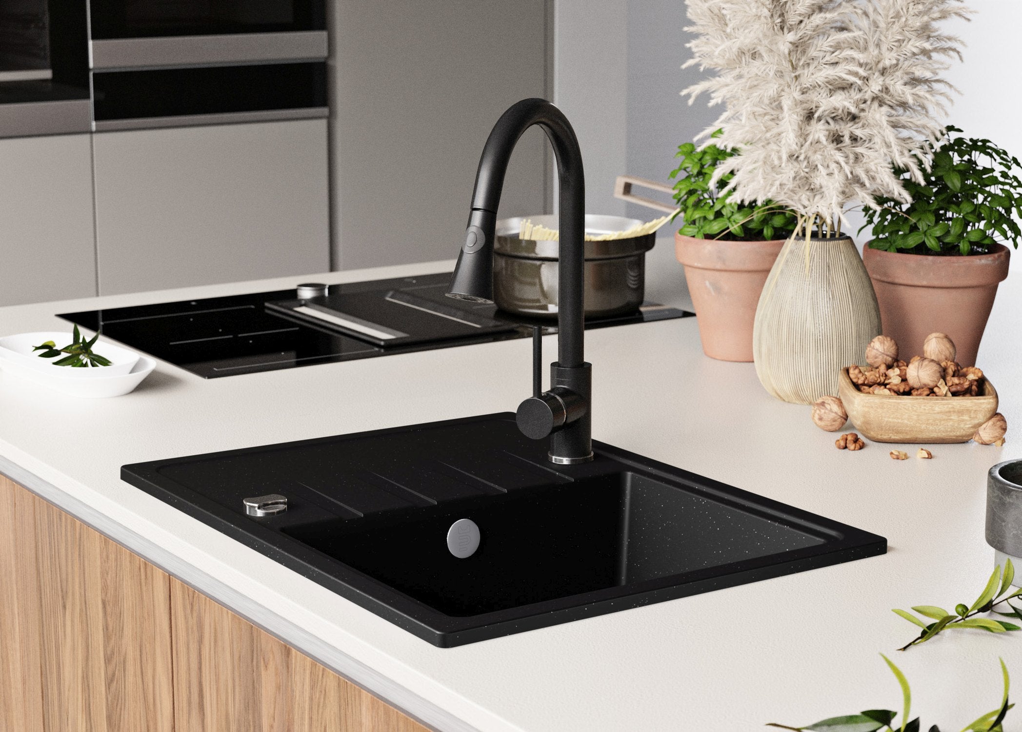 Evier Cuisine en Granit Noir Métallisé 62x50cm, Lavabo 1 bac + Kit de Vidage, Évier à Encastrer au meuble 40cm - Milan PRIMAGRAN - 9