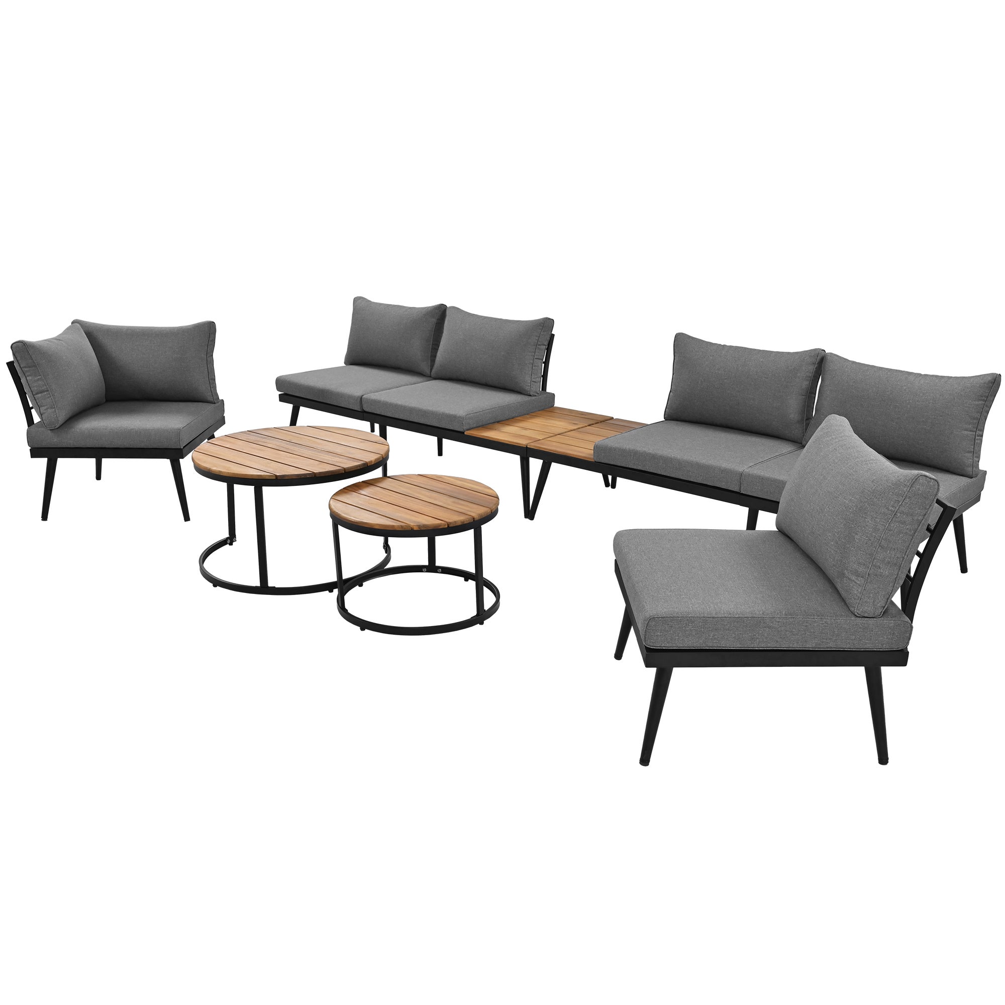 Conjunto de muebles de jardín modulares de 6 plazas - 2 sofás + 2 sillas + mesas de centro nido - gris antiguo + marrón - 9