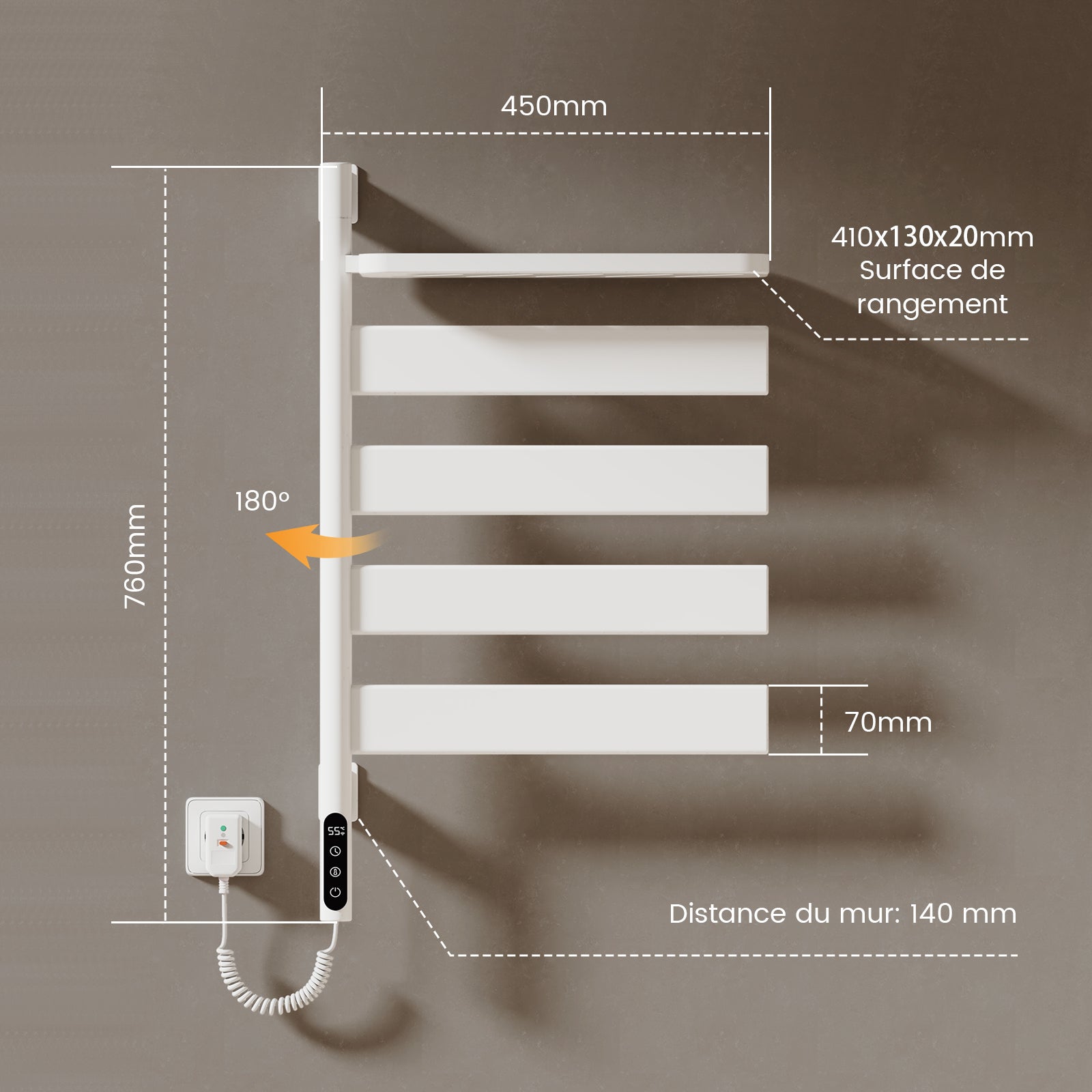 EMKE Sèche-serviettes Électrique Pivotant 180° avec Étagère - WiFi & Vocal - 76 x 45 cm, 120 W, Blanc Brillant - 9