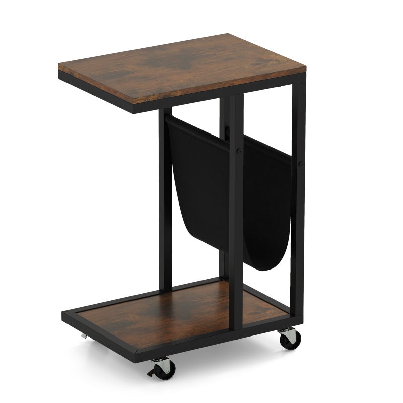 Mobilny Stolik Pomocniczy z 3 Poziomami, Drewniany, 40x28x60 cm w Kształcie Litery C, 4 Elastyczne Kółka, do Salonu, Sypialni, Nośność 43 kg, Kawowy