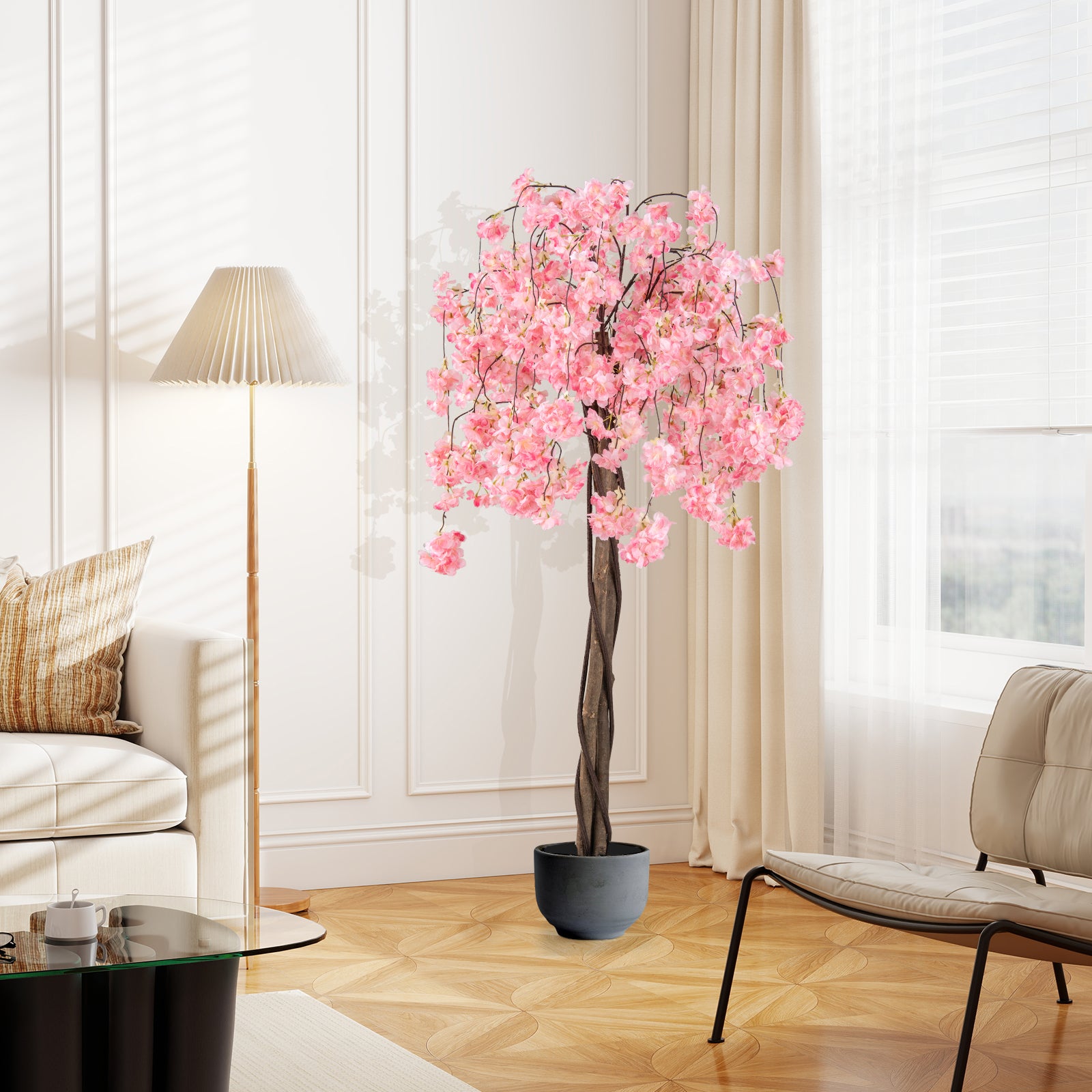 Albero di Ciliegio Artificiale 163 CM, Pianta Finta da Interno con Vaso in PP Riempito con Cemento, Fiori in Tessuto, Decorazione per Ufficio, Casa e - 2