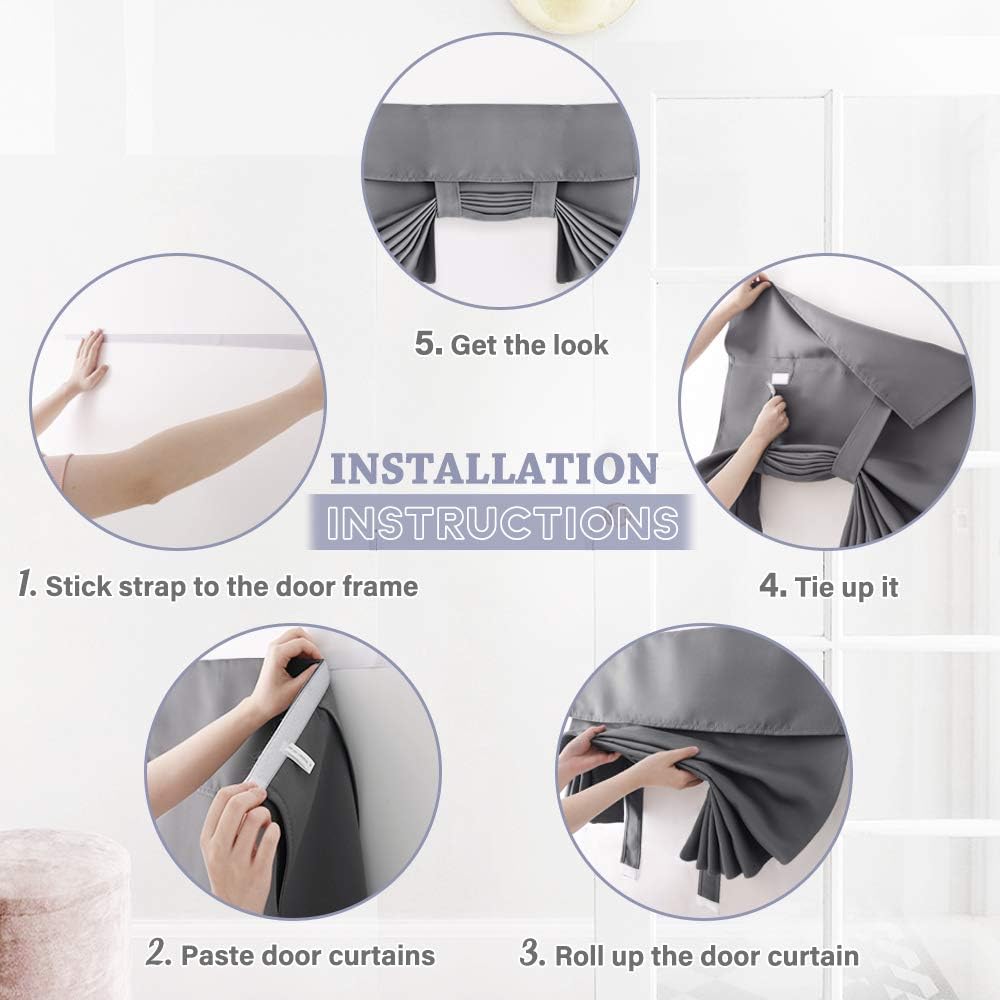 Rideau de porte occultant autocollant, isolation thermique, intimité, sans perçage, 66 x 175 cm, gris - 2