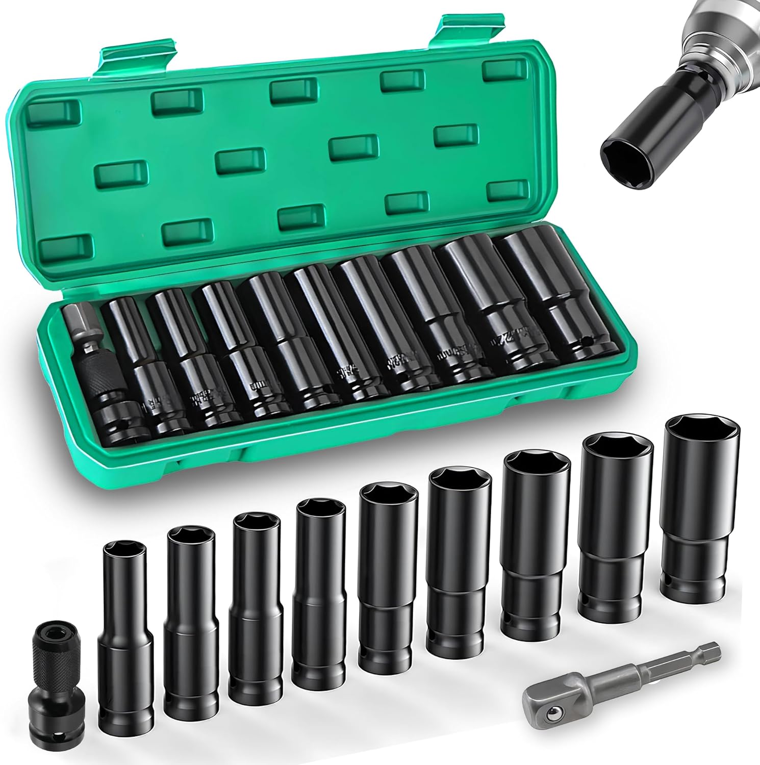 11 sztuk nasadek udarowych 1/2", 10-24mm Zestaw nasadek długich, Nasadki i zestawy, Nasadka klucza udarowego i 2 adaptery do naprawy samochodów