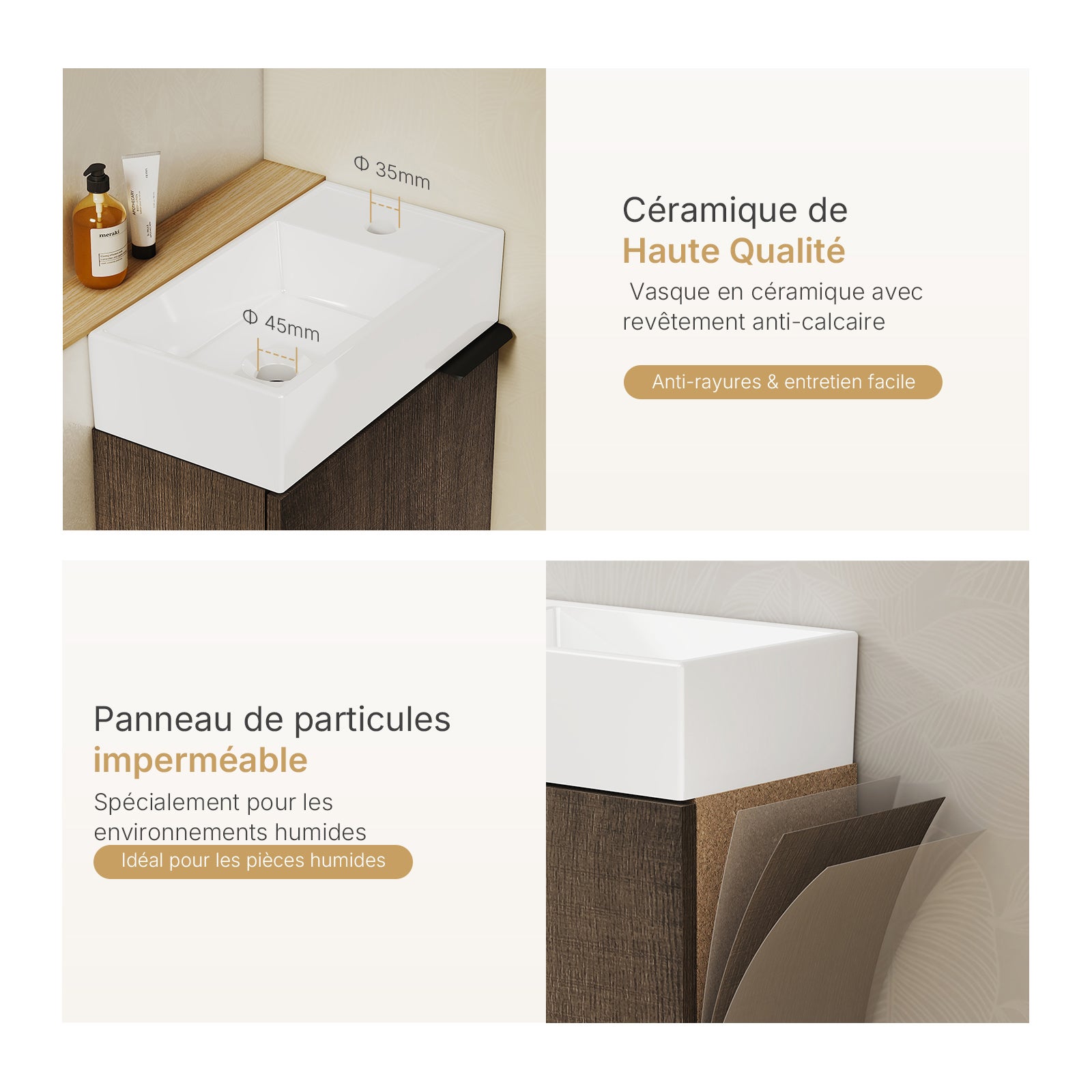 EMKE Meuble de salle de bains l.41.5 x H.64.5 x P.24 cm - Décor Chêne Fumé à portes avec Vasque céramique blanche - 2