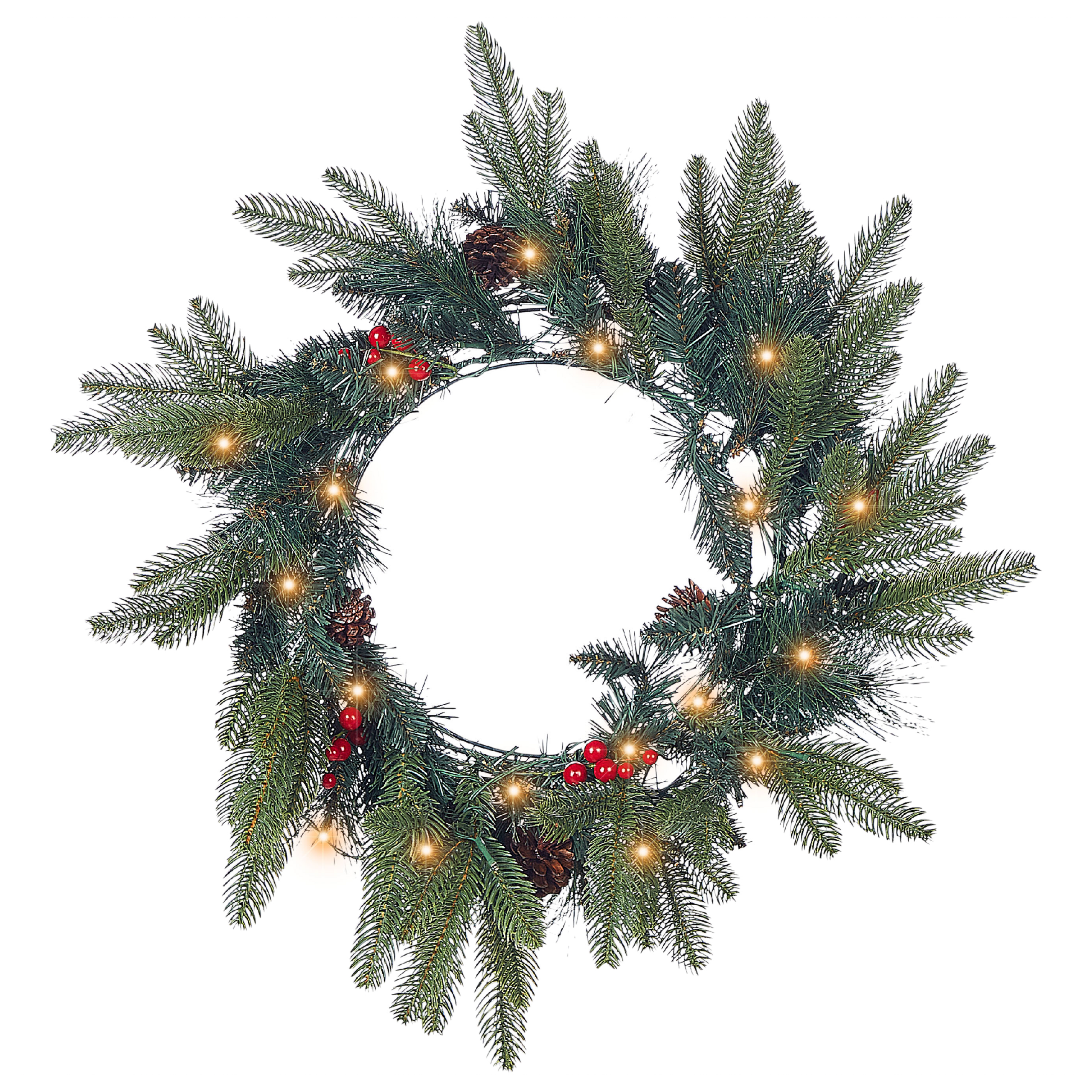 Couronne De Noël Artificielle LED 50 Cm - Branches De Sapin, 50 LEDs Blanc Chaud, Minuterie, Sur Piles