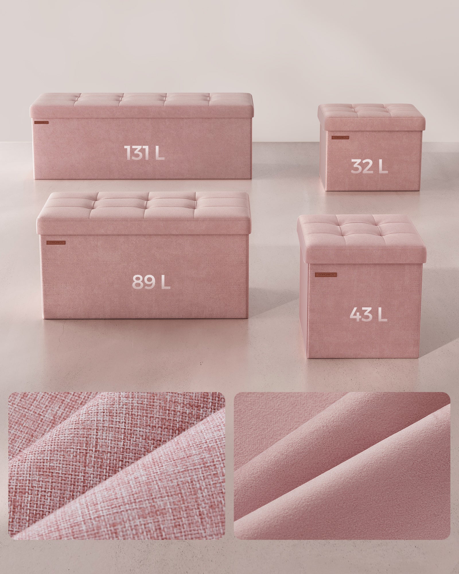 Banc de Rangement, Pouf en Velours, avec Couvercle, avec 2 Boîtes, Séparateur Amovible, 38 x 110 x 38 cm, Capacité de Charge 300 kg, Rose Bonbon - 6