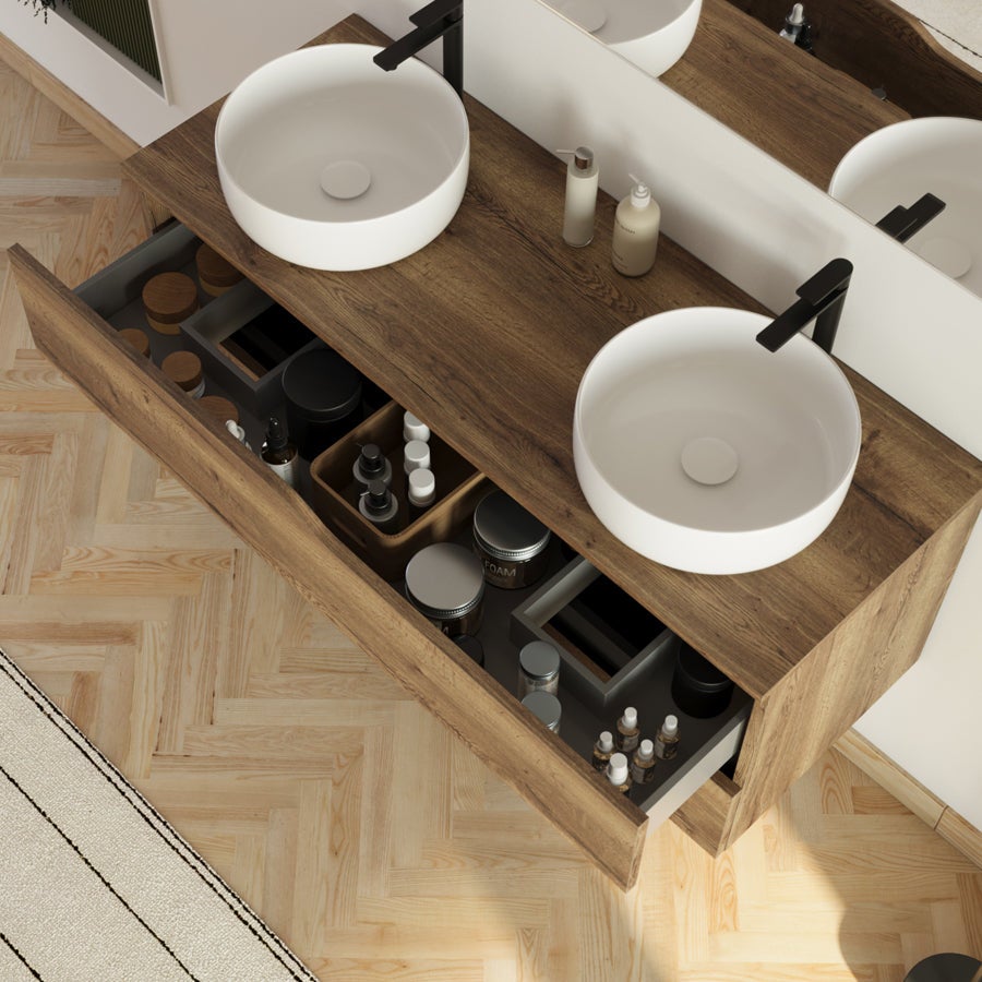 Meuble de salle de bain 120cm avec plateau et 2 vasques à poser Ares - 2 tiroirs - sans miroir - tabaco (chêne foncé) - LUNA - 2