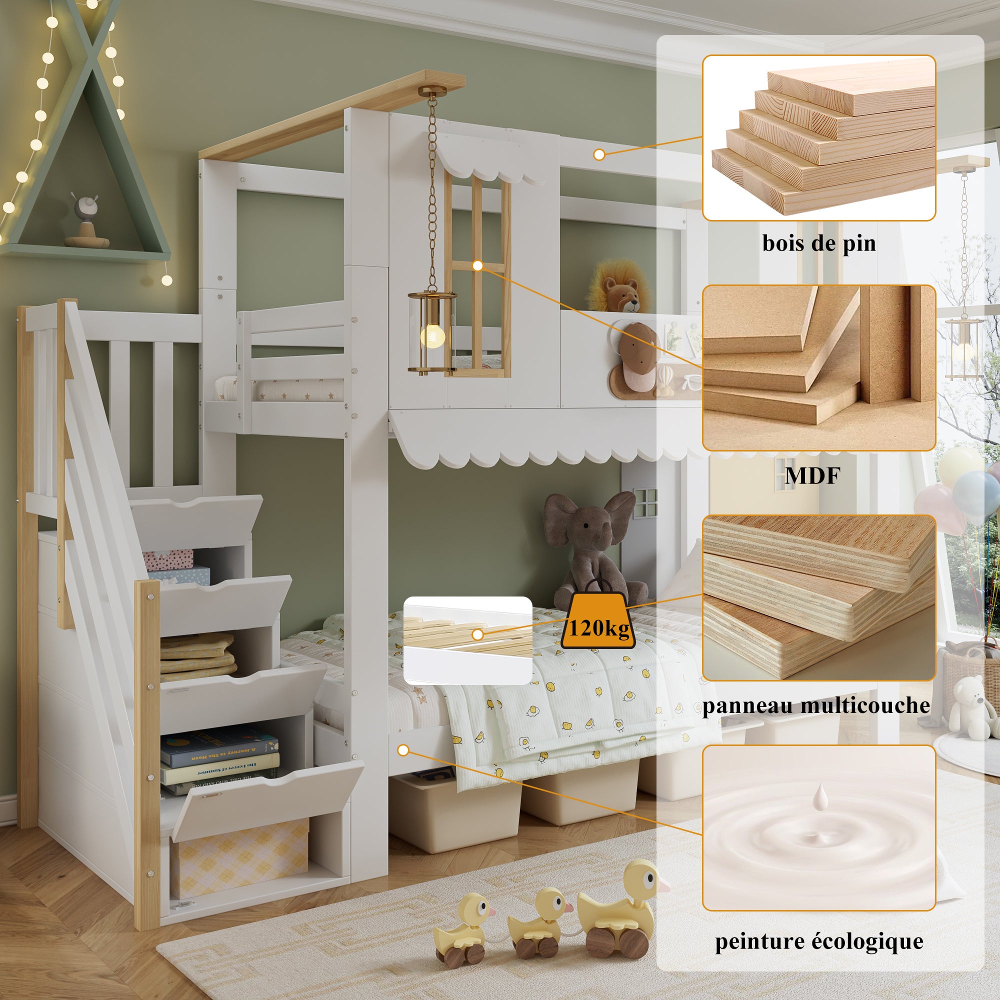 Łóżka piętrowe 2 x 90 x 200 cm z 4 drzwiami i 2 oknami - Sosna + MDF + sklejka - Białe i naturalne (Materace nie są wliczone w cenę) - 9