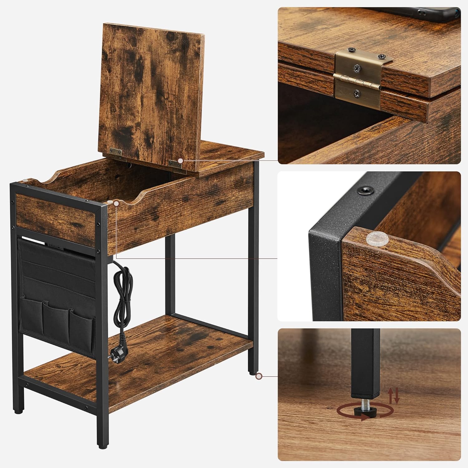 Bout De Canapé, Dessus Rabattable, Pochette En Tissu, Marron Rustique Et Noir - 5