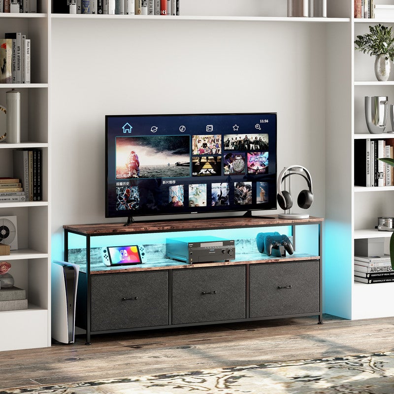 Meuble TV, 108x30x57cm, avec bande lumineuse LED et 3 tiroirs, pieds réglables en hauteur, structure en fer, meuble tele - 2