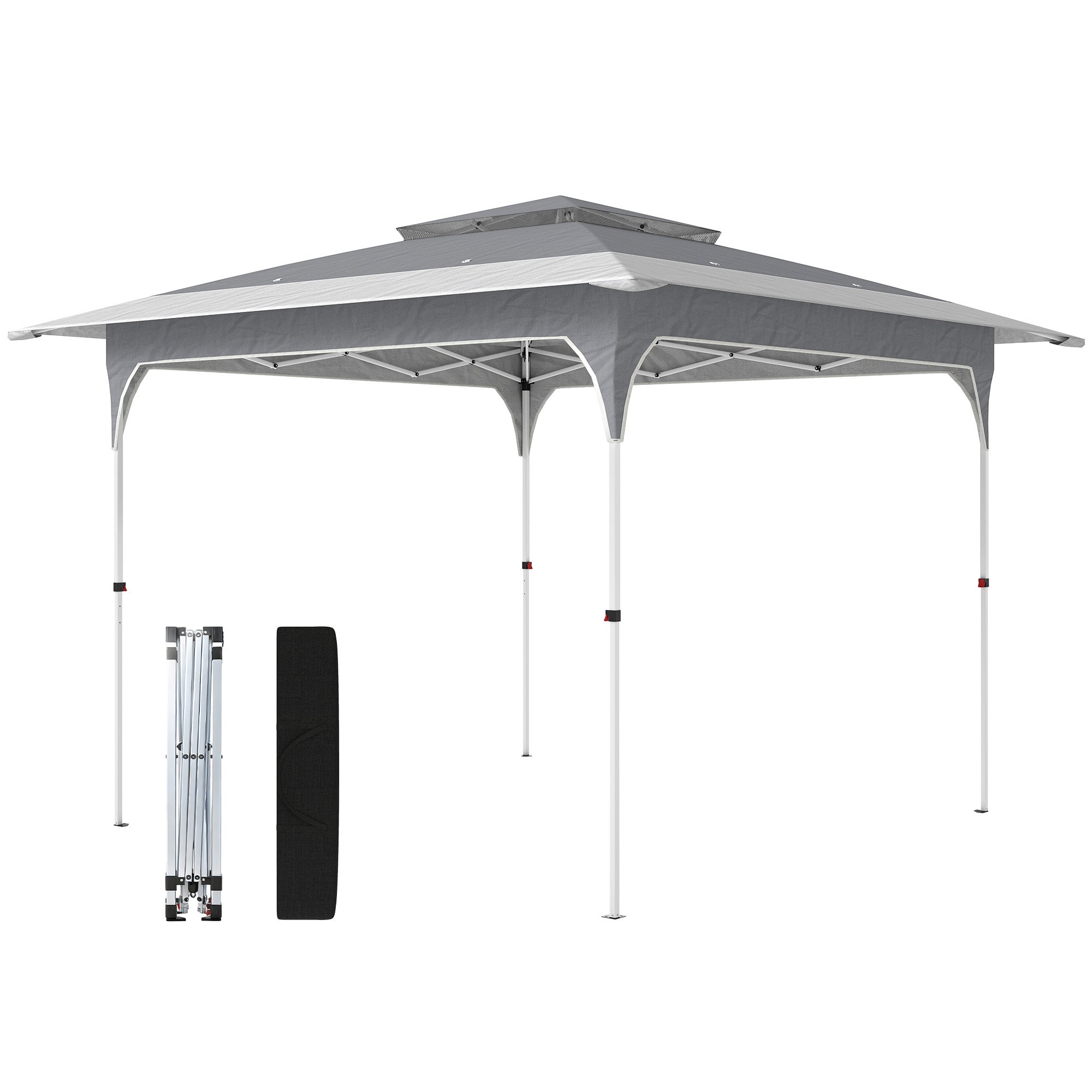 Outsunny Pavilion Pop-Up pliabil 3.5x3.5 m cu acoperiș dublu și geantă, din metal și material Oxford, gri închis | Aosom Romania