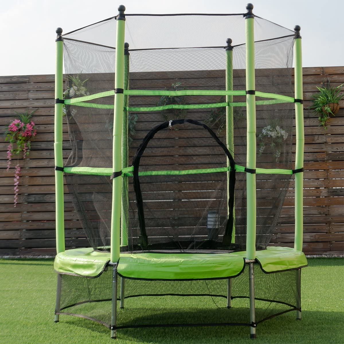 Trampolino Elastico Bambino in Acciaio, Tappeto Elastico Bambini da Esterno e da Interno, con Rete e Cusicnetti Antiscivolo (Verde, 165 x 165 - 2