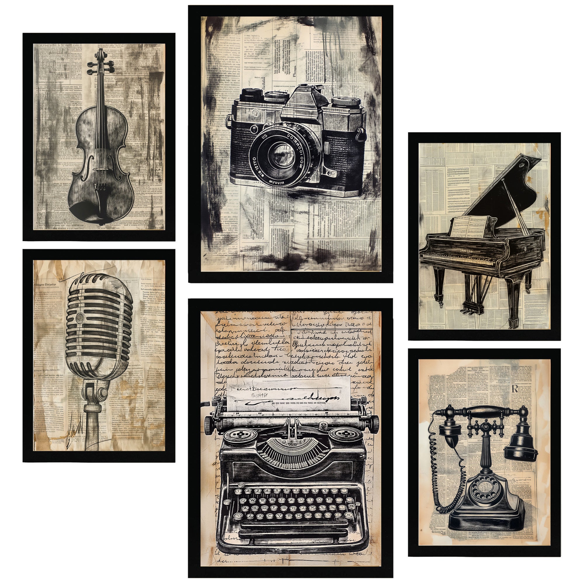 Set de 6 vintage love. camera, micro, piano, violin, telephone cuadros con ilustración de diseño para decorar. tienda. a3 y a4. marco negro