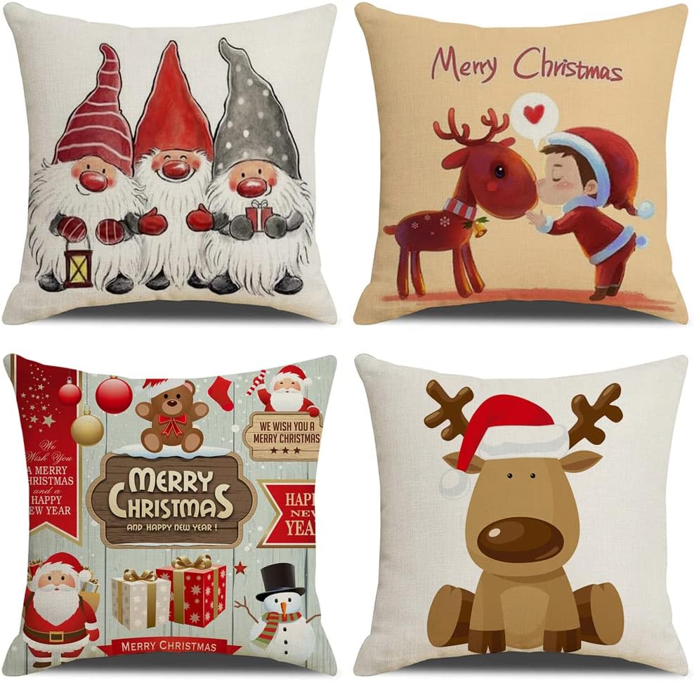 Set Di 4 Federe Natalizie Rosse E Verdi In Lino - Cuscini Decorativi 45x45 Cm, Stampa Termica Luminosa, Per Divano E Soggiorno