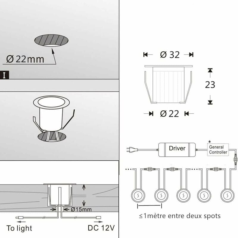 16pcs LED encastrables pour terrasse bois, étanches IP67, éclairage d'extérieur encastré, 0,6 W DC12 V, lumière blanche, mini kit d'éclairage [ A+ ] - 5