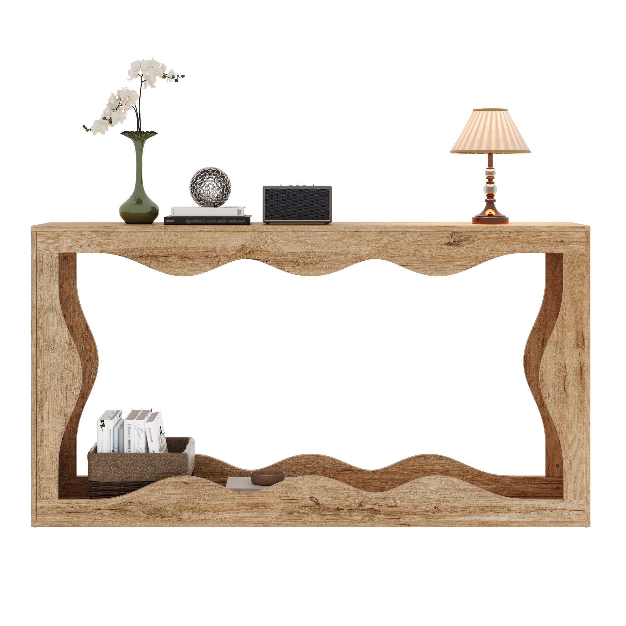 Table console à 2 niveaux avec design ondulé - 160,5 x 30 x 86,5 cm - Panneaux de particules - Structure ajourée effet bois - Naturel - 2