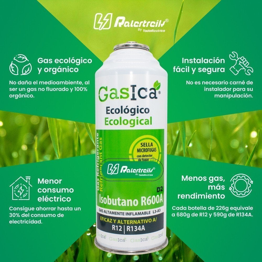 Pack Botellas Gas refrigerante orgánico Gasica D2 Sustituto R12/R134a más Kit Mangueras con manómetro recarga aire acondicionado - 3