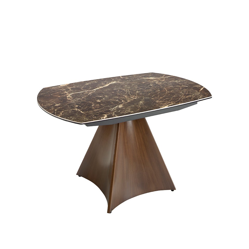 Table à manger à rallonge baril ovale marbre porcelaine et acier effet noyer Ø135 x 90 x 75 cm - 6
