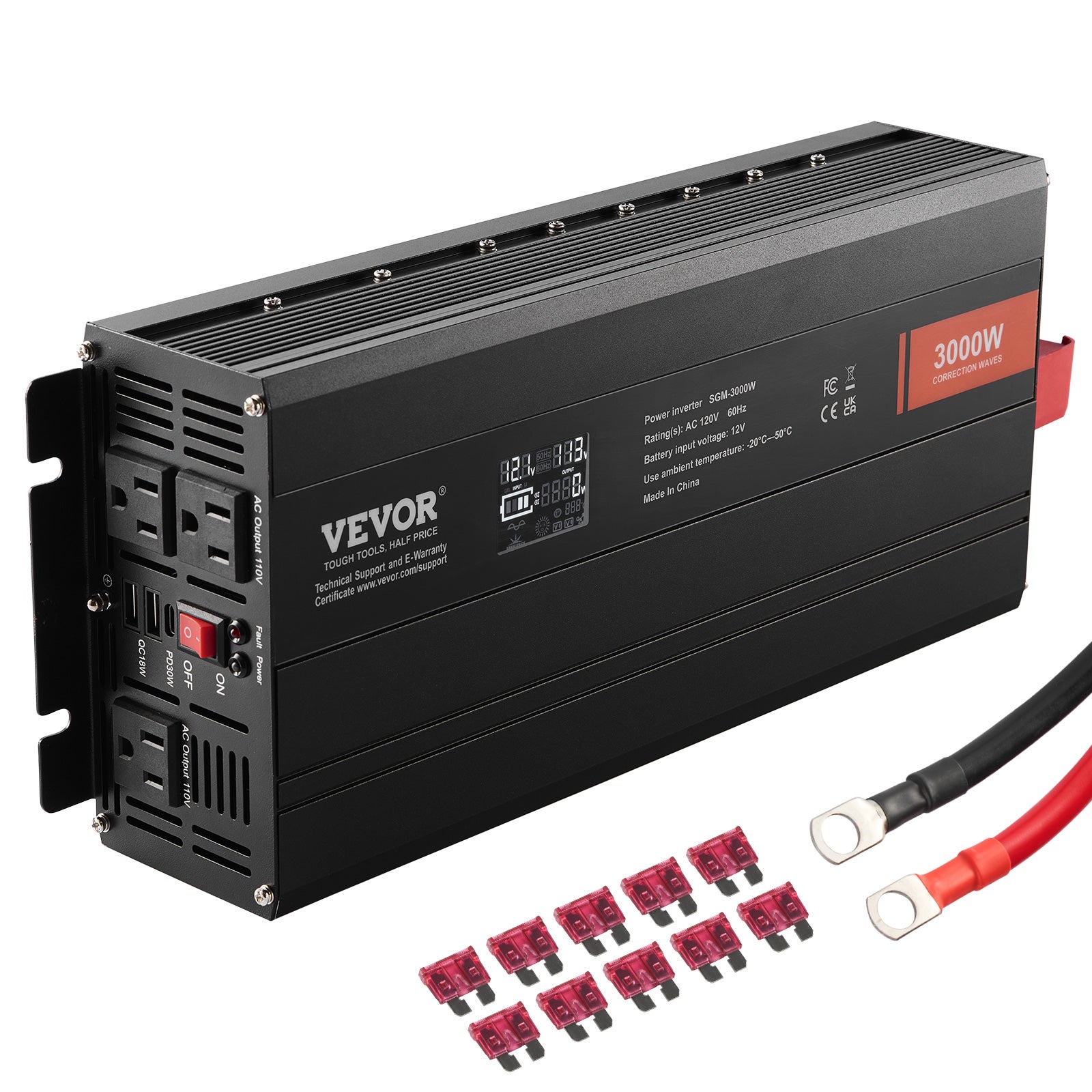 Falownik sinusoidalny 3000 W DC 12 V AC 230 V Wyświetlacz LCD Przetwornica napięcia z 3 gniazdami prądu przemiennego 2 porty USB 1 port typu C 1 VEVOR