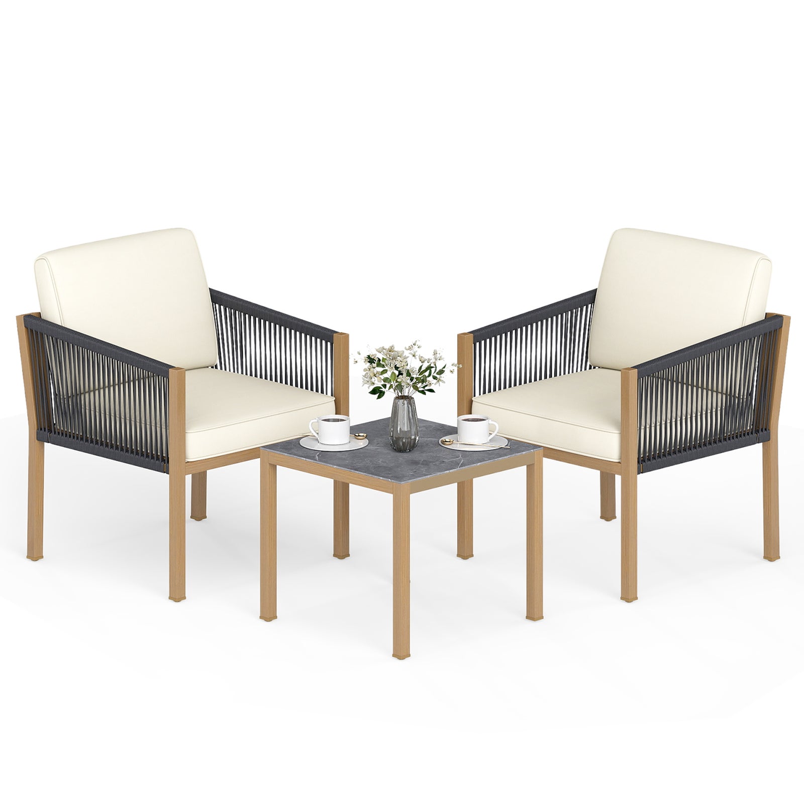 Set de mobilier de grădină din 3 piese, set de bistro pentru exterior din frânghie împletită perne, masă și scaune exterior verandă, balcon