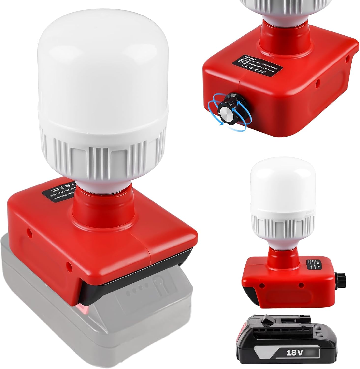 Lampa robocza LED Einhell 18V, lampa akumulatorowa 12W z żarówką E27, oświetlenie zewnętrzne i na plac budowy