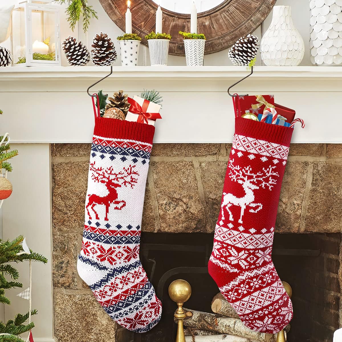 12 Chaussettes De Noël à Suspendre - Décoration Sapin, Cheminée - 36x23 Cm, Non Tissé - Pour Cadeaux, Bonbons, Jouets