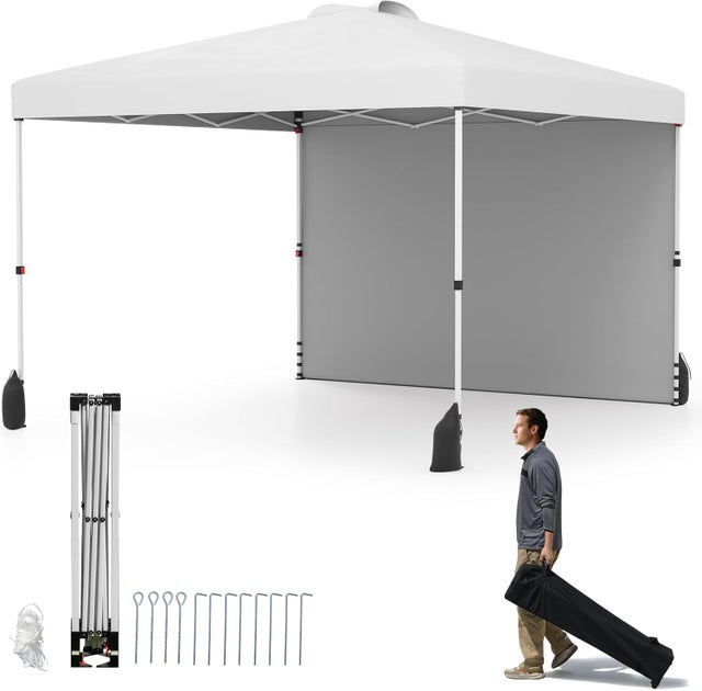 Gazebo pieghevole 3x3 con parete laterale | Gazebo pieghevole | 3 altezze | Borsa con ruote | Sacco di sabbia | Tenda da campeggio per mercati, bianco