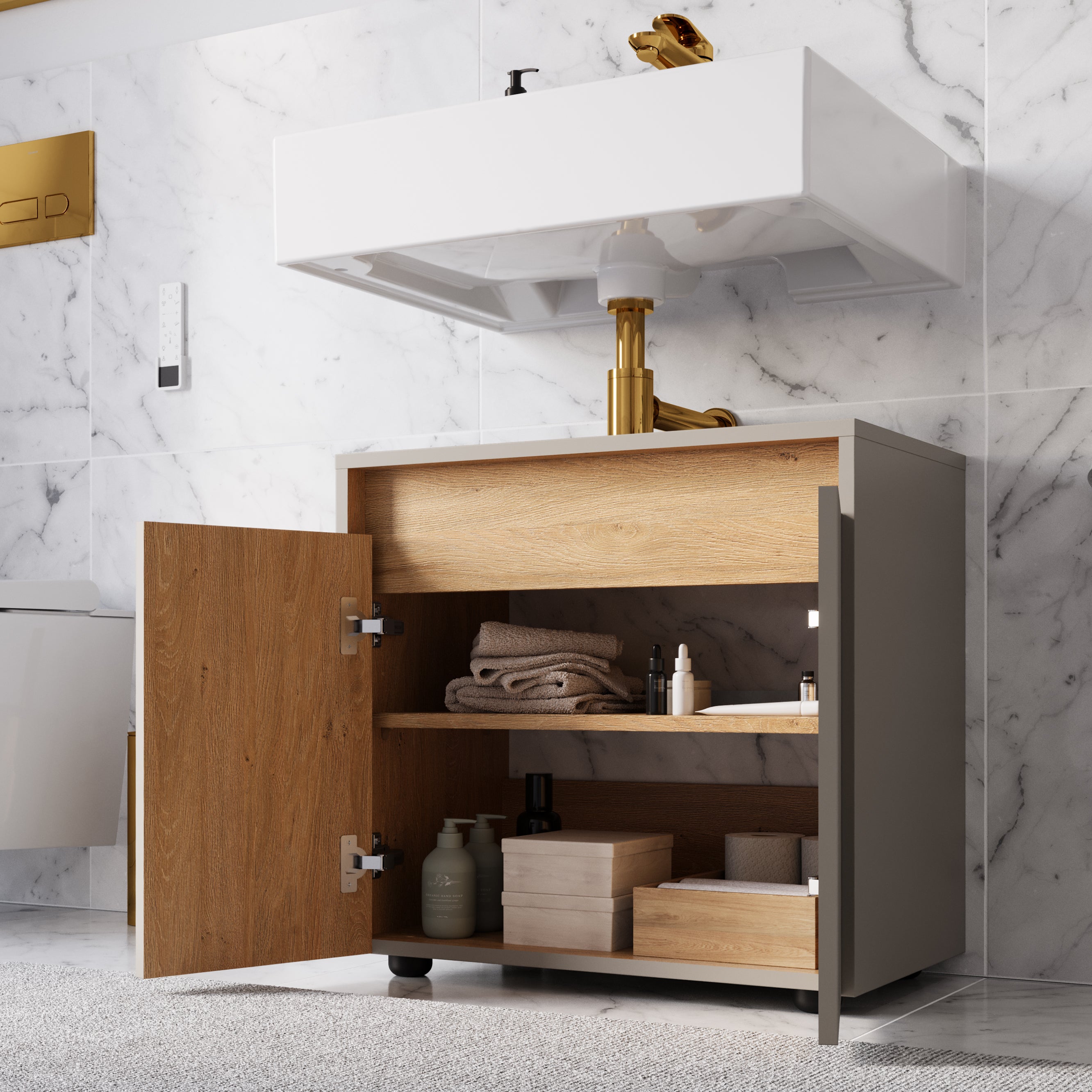BERNSTEIN - Meuble sous vasque à poser MDF Gris soie mat 60x35x54cm (LxPxH) + 2 portes - BELDIVO - 4