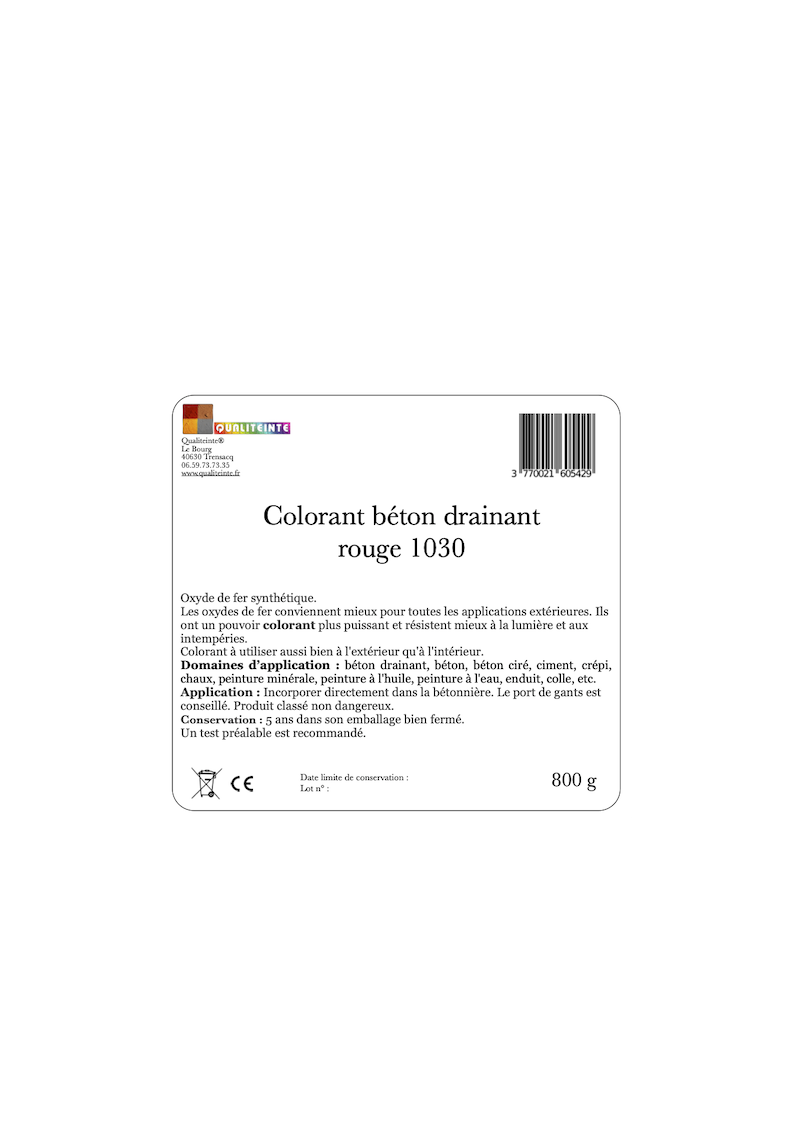 Pigment Colorant Béton Qualiteinte - Rouge 1030 - 800 G - Lot de 5 sachets - 6