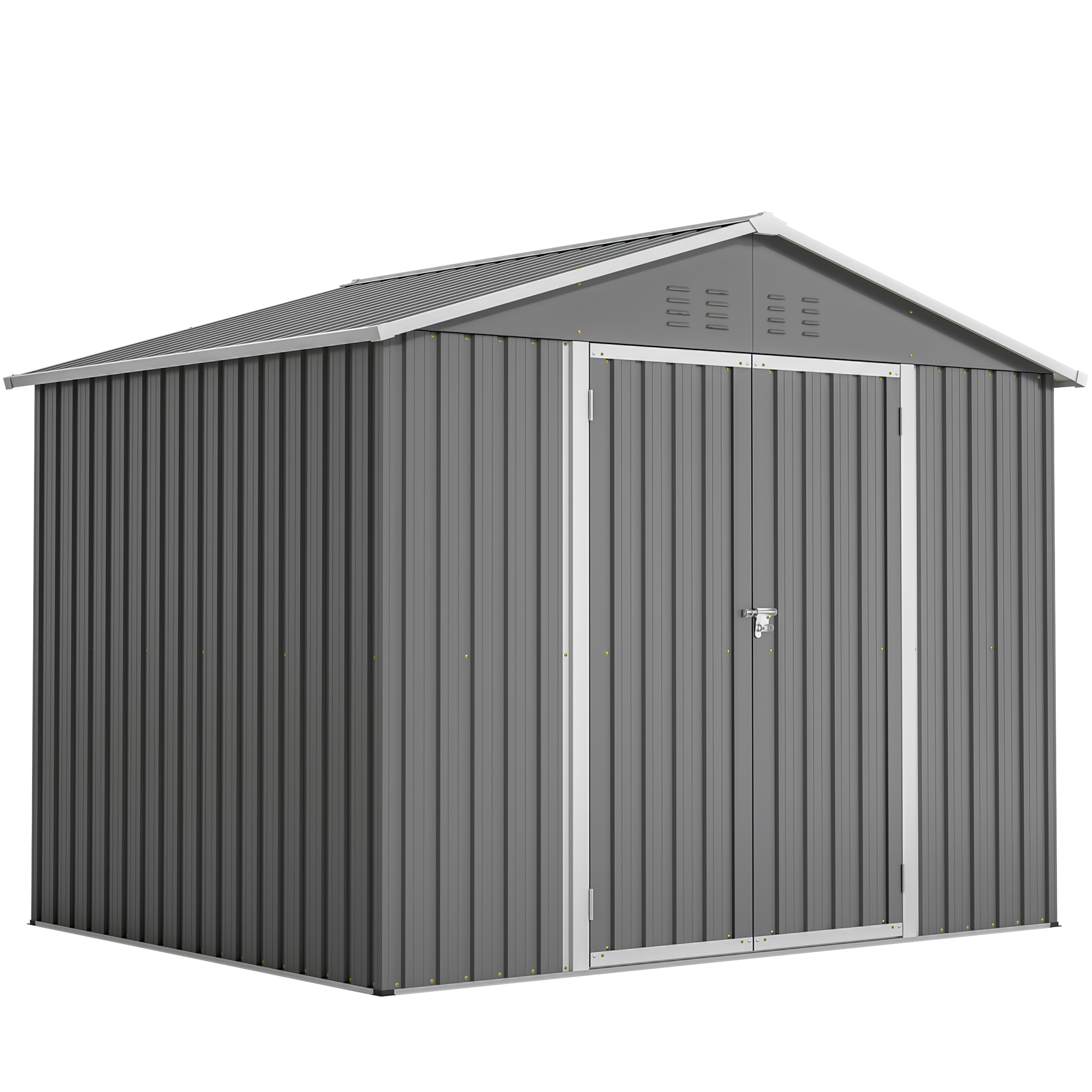 Metalowa szopa ogrodowa 8x6 stóp w kolorze antracytowej szarości z drzwiami wahadłowymi, idealna na narzędzia i sprzęt ogrodowy