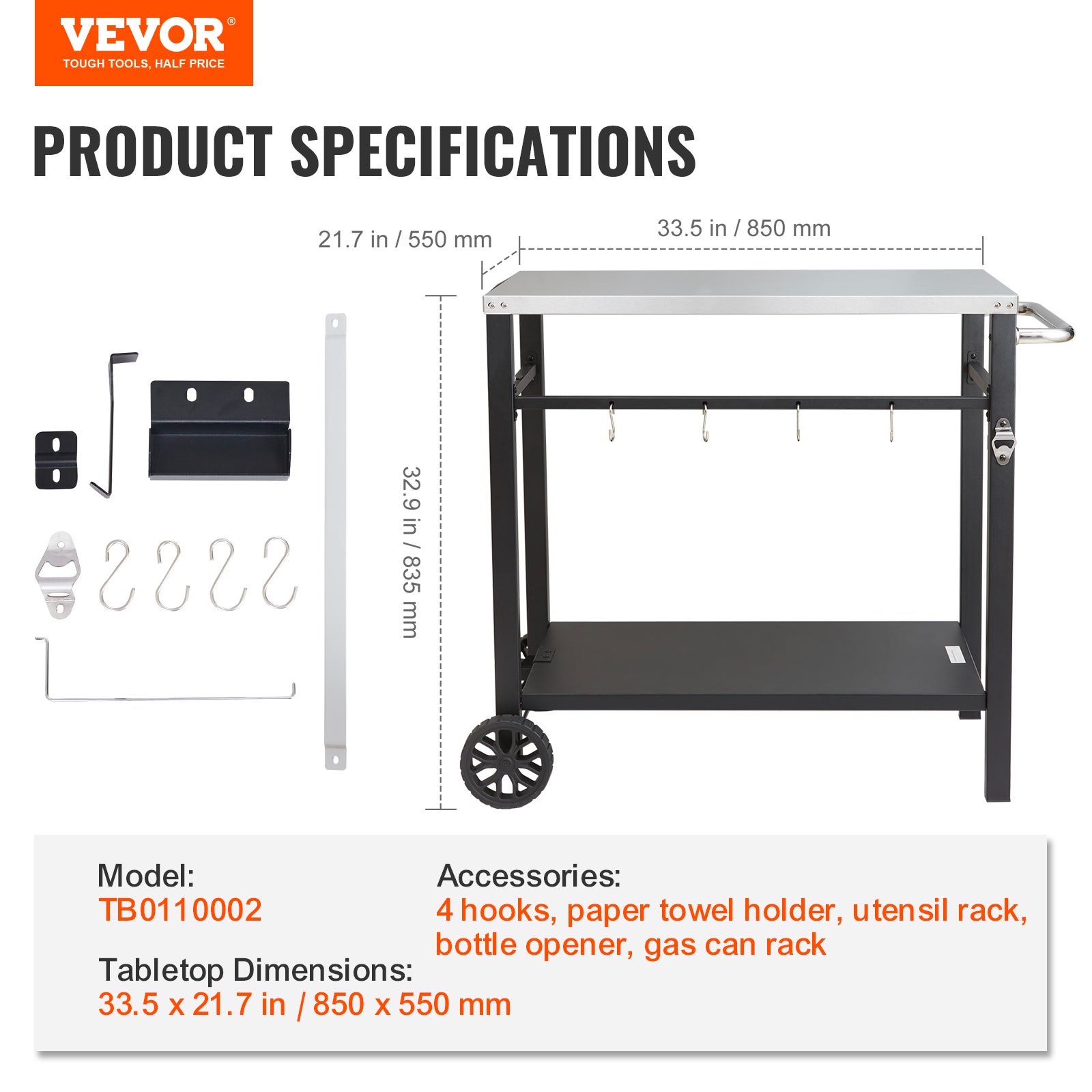 Desserte Plancha à VEVOR 2 Niveaux Chariot de Barbecue avec Grand Plan de Travail en Inox 85 x 55 cm Table de Barbecue sur Roulettes pour Four à Pizza - 7