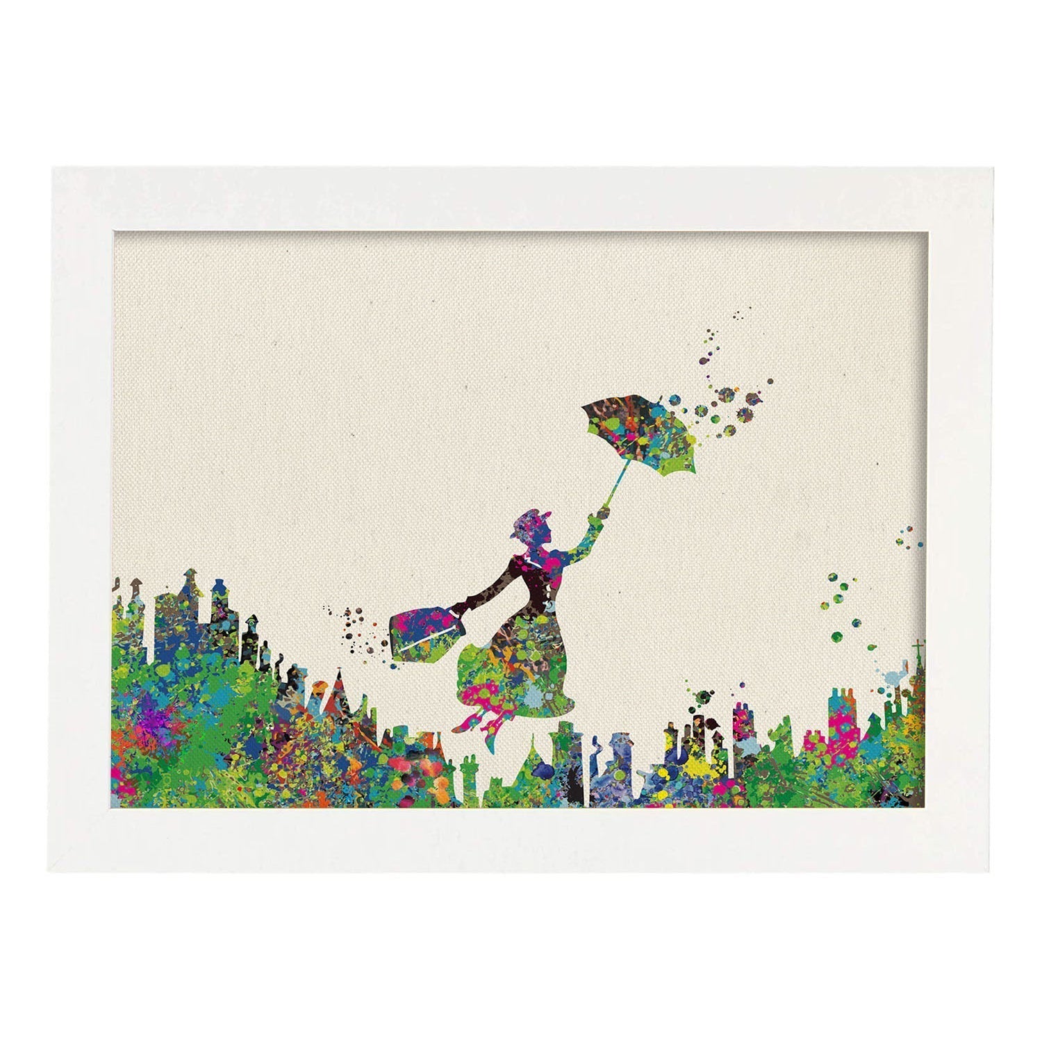 Poster de mary poppins estilo acuarela. láminas de cine, peliculas, y actores. posters de peliculas antiguas con estilo acuarela. marco blanco - a3