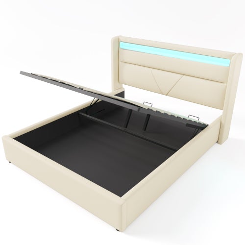 Letto Imbottito 180x200 Con Sollevamento Idraulico, LED APP, USB, Rete A Doghe In Metallo, Rivestimento In Lino Beige, Design Moderno E Funzionale