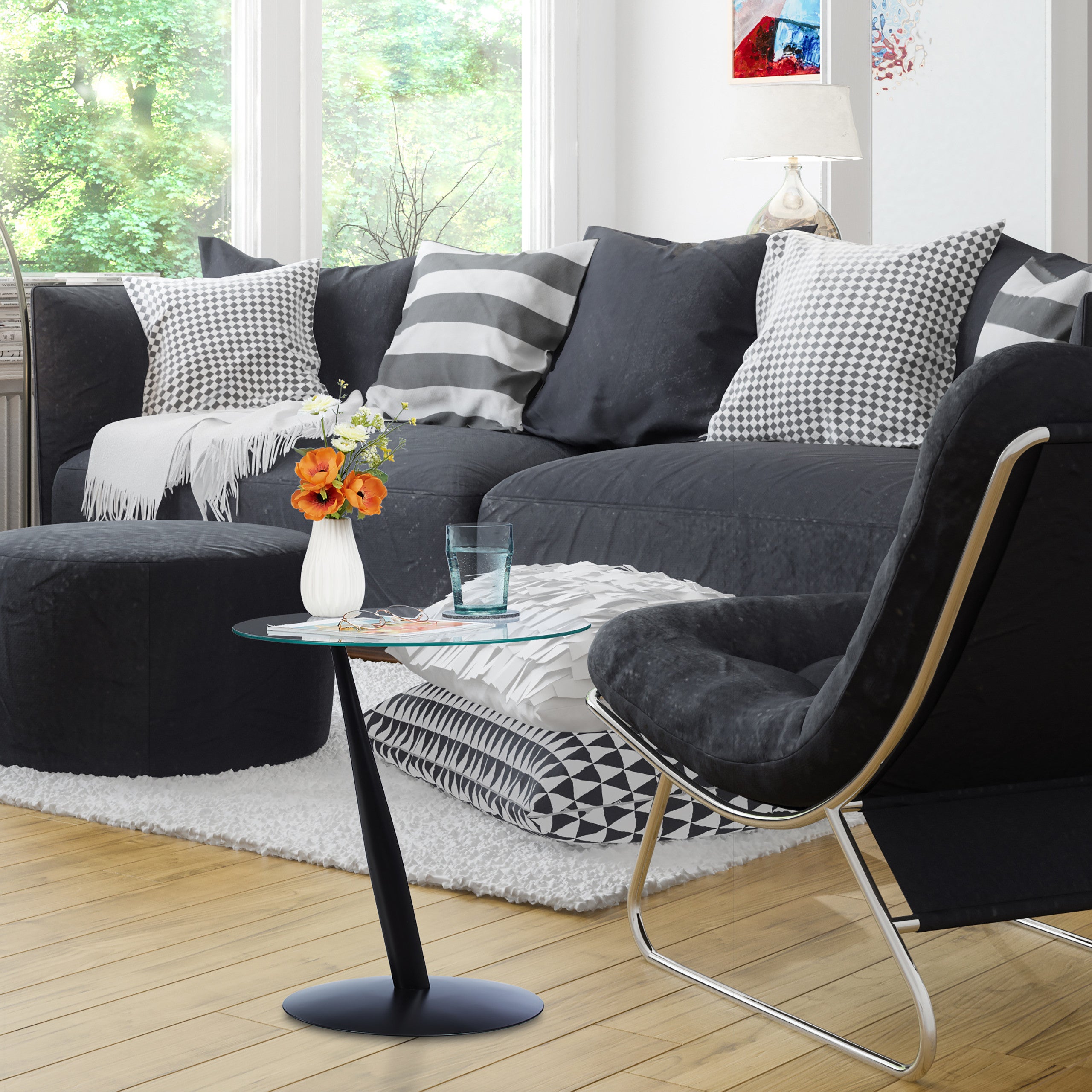 Mesa Con Ruedas Salón Mesa Auxiliar Sofá Forma C - Ruedas - Color Antracita - 38cm Diámetro Mesas Auxiliares De Forma C