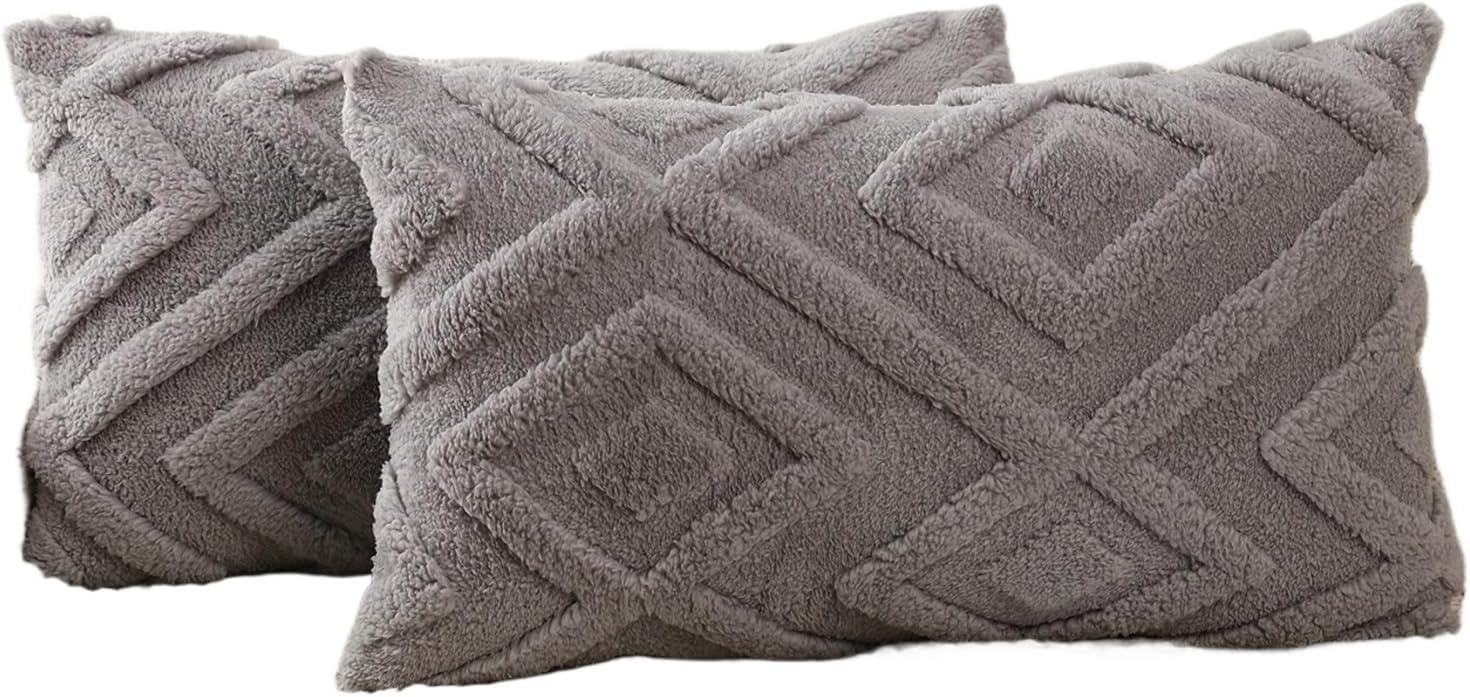 Taies d'oreiller grises - motif à carreaux doux, style bohème - conviennent pour le salon, la chambre, etc. - Lot de 2, 30×50 cm - 6