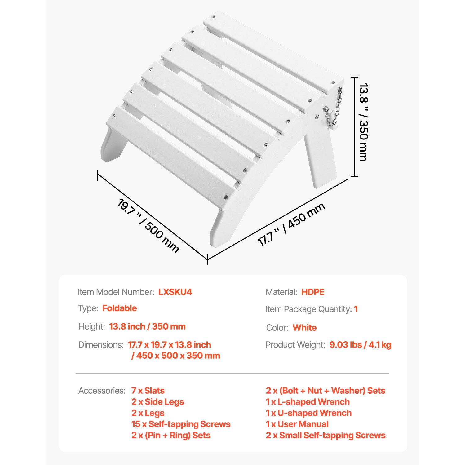 Pouf Adirondack pliable SucceBuy en PEHD, 45 × 50 × 35 cm, repose-pieds résistant aux intempéries pour véranda ou piscine, blanc - 9